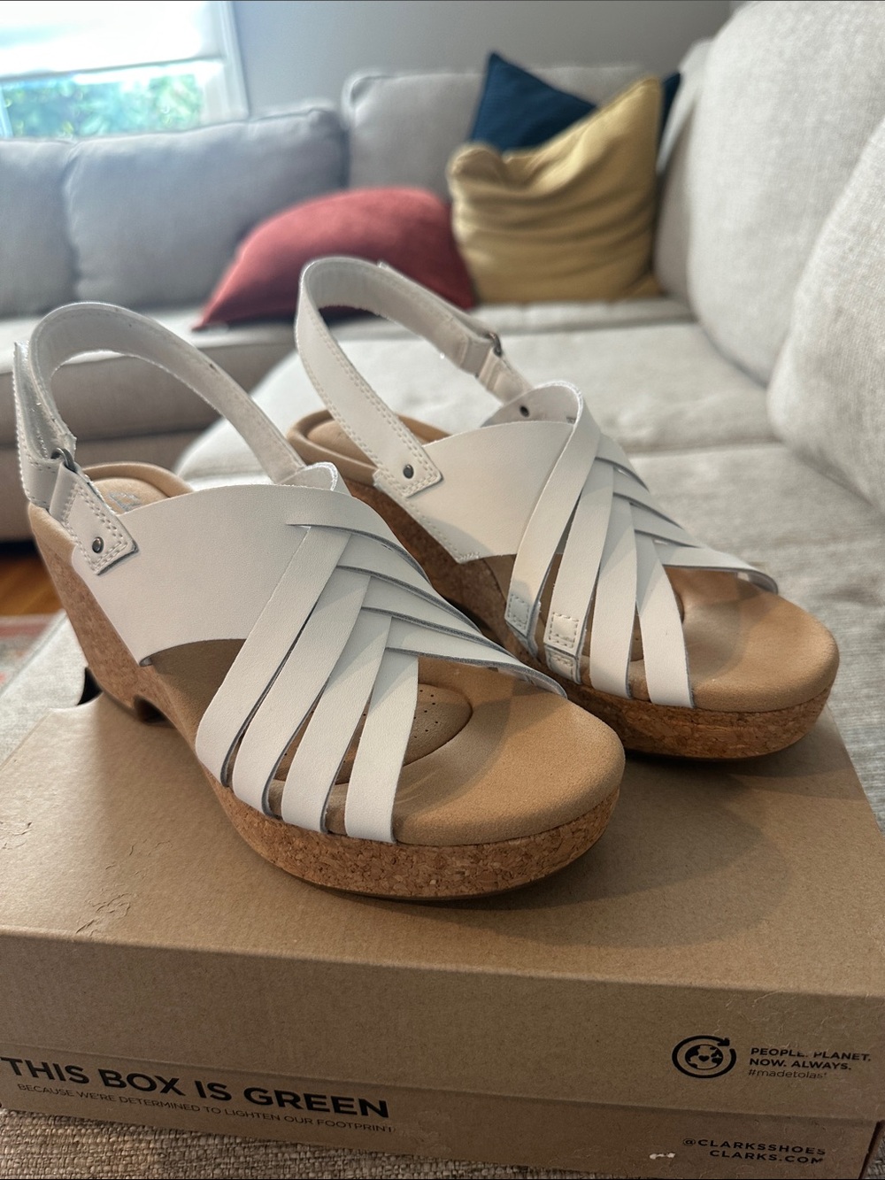 Clarks White Leather Cork Wedge Slingbacks